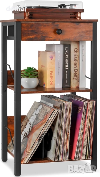 Стойка за грамофон OUUTMEE, 3-степенна маса за грамофон с чекмедже и рафт, снимка 1