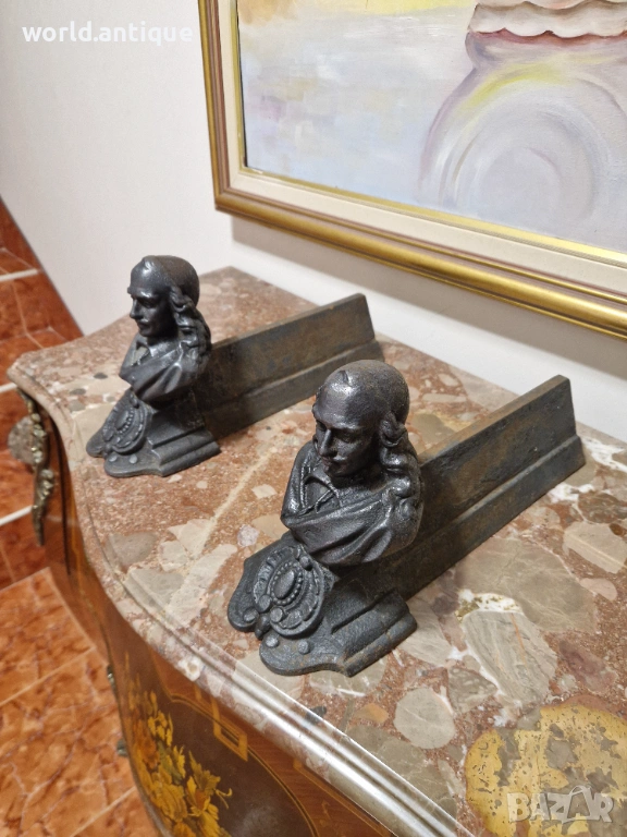 Уникални антикварни френски чугунени стойки за камина , снимка 1