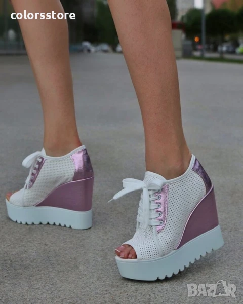 Летни боти на платформа - бяло с розово лъскава кожа - K222 , снимка 1