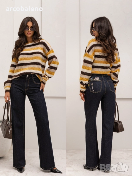 Дамски дънки с права кройка и бродирани цветя, снимка 1