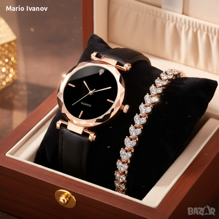 Елегантен дамски комплект часовник и гривна с розово злато, снимка 1