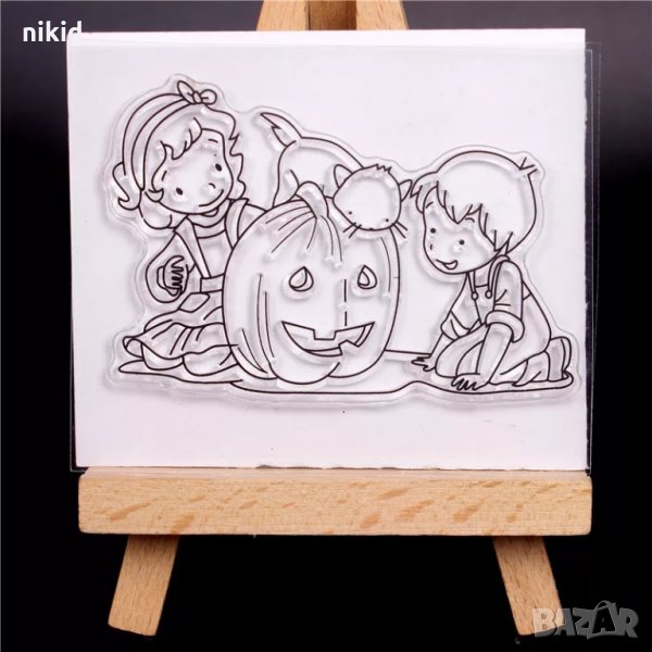 Деца с Тиква и коте Хелоуин Halloween силиконов гумен печат украса бисквитки фондан Scrapbooking, снимка 1