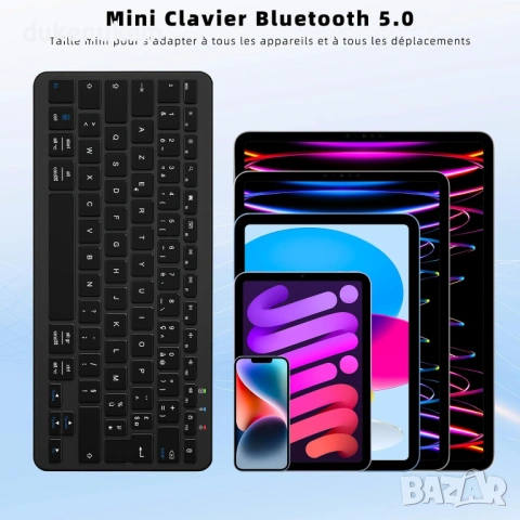 Мини безжична Bluetooth клавиатура AZERTY – френска подредба, USB-C, черна, снимка 4 - Клавиатури и мишки - 53382138