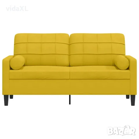 vidaXL 2-местен диван с декоративни възглавници жълт 140 см кадифе, снимка 3 - Дивани и мека мебел - 56146864