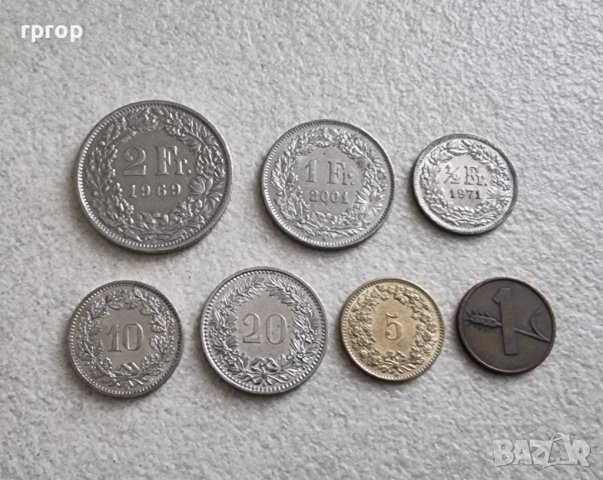 Монети. Швейцария. 2 ,1 , 1/2  франка  и 1 , 5 , 10, 20  рапена. 7 бройки. 