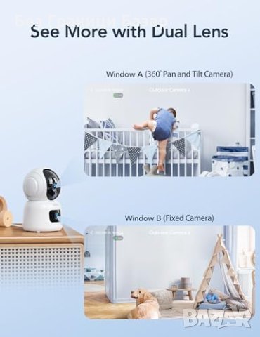 Нова 1080P Двойна Камера за Бебета - Нощно Видение, PTZ, Следене, снимка 2 - Други - 44248104