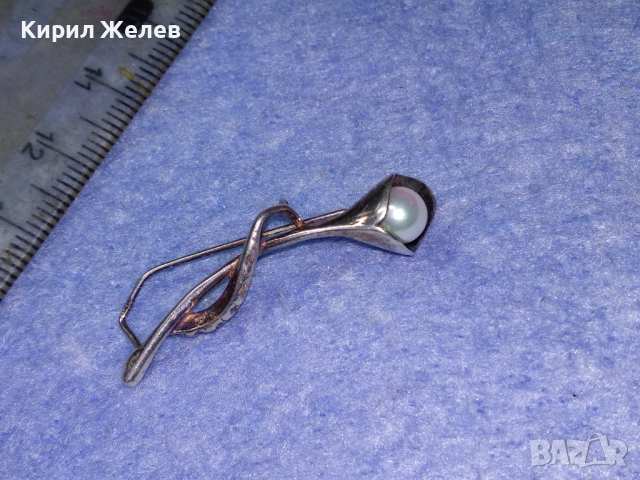 АР НУВО ПЕРЛЕНА СРЕБЪРНА БРОШКА СРЕБРО 925 с БЯЛА ПОЗЛАТА и ЕСТЕСТВЕНА БЯЛА ПЕРЛА РЪЧНА РАБОТА 43322, снимка 4 - Антикварни и старинни предмети - 44692766