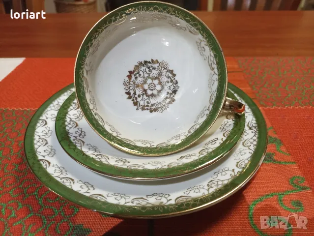 Троен сет за кафе/чай зелено и златно, снимка 2 - Антикварни и старинни предмети - 47514052