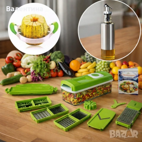 Кухненско Ренде за зеле, моркови с контейнер - Nicer Dicer Plus от 13 части + Подарък Бутилка за зех, снимка 2 - Аксесоари за кухня - 54268126