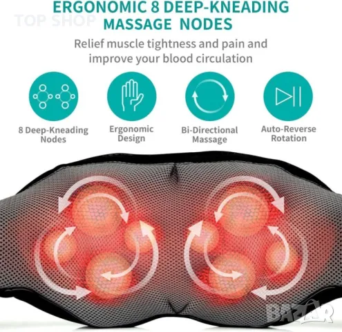Nekteck Масажор за гръб, врат, масажор за рамена с топлина, дълбоки тъкани, 3D месене, натиск Шиацу,, снимка 8 - Масажори - 48831641