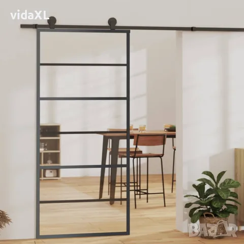 vidaXL Плъзгаща се врата с механизъм, ESG стъкло и алуминий, 90x205 см, снимка 2 - Интериорни врати - 56146568