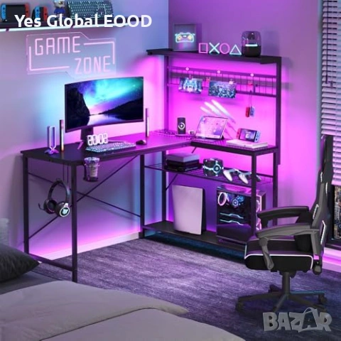 Bestier L-образно бюро с LED и контакти 106см, снимка 6 - Маси - 53883613