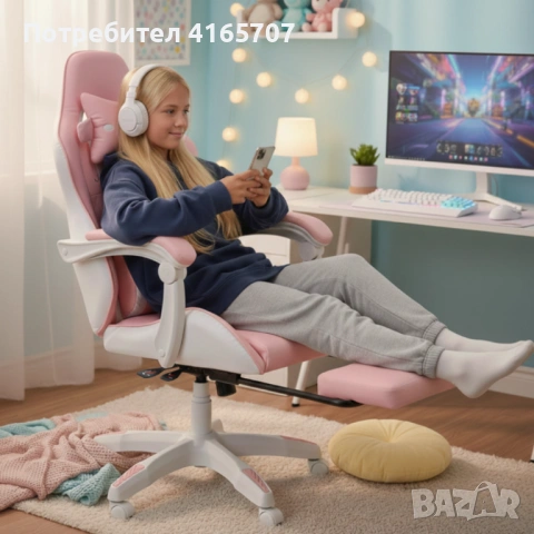 Ергономичен розов геймърски стол с поставка за крака - регулируема облегалка и 2 възглавници за пове, снимка 3 - Столове - 53966402