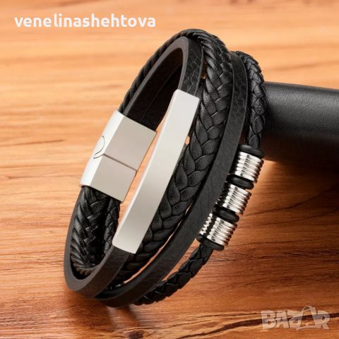 Луксозна мъжка гривна от естествена кожа със сребристи елементи 