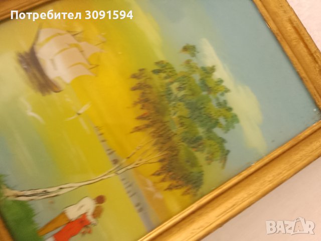 красива картина пейзаж рисувана от вътрешната страна на стъклото със дървена винтидж рамка , снимка 2 - Антикварни и старинни предмети - 44398853