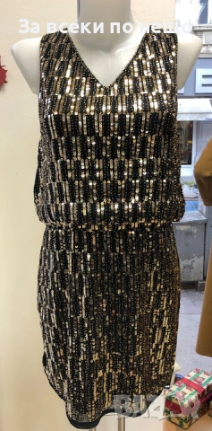 Елегантна Къса Рокля С Пайети Без Ръкави В Златно И Черно Код Roni31, снимка 3 - Рокли - 54011599