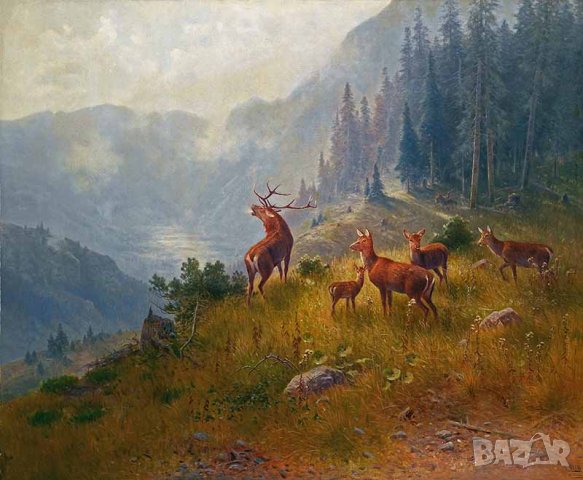 Горски пейзаж с благородни елени, картина, репродукция