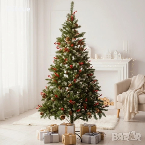 Изкуствена елха Luxury Diamond с червен глог и шишарки. , снимка 5 - Декорация за дома - 52905259