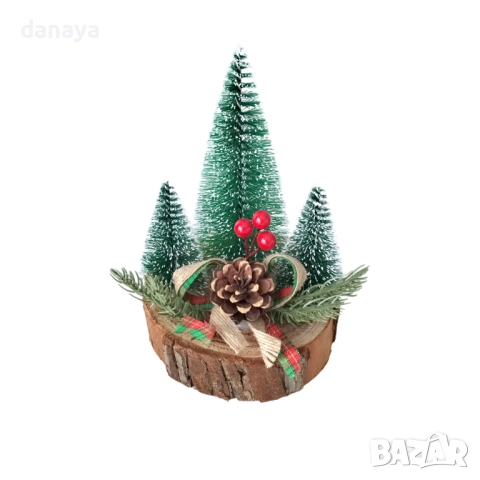 6177 Коледна декорация Елхички върху дървено пънче, 11×17 см, снимка 4 - Декорация за дома - 52028076