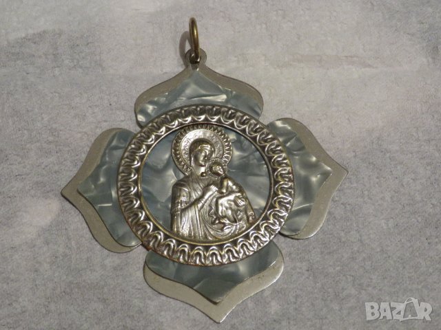 Стариннен нагръден знак Дева Мария, Богородица с младенеца с седеф - внос Израел, Йерусалим 