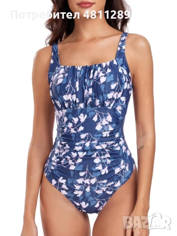 Цял бански костюм за контрол на корема, цвят - синьо и бяло на цветя, размер: XXL