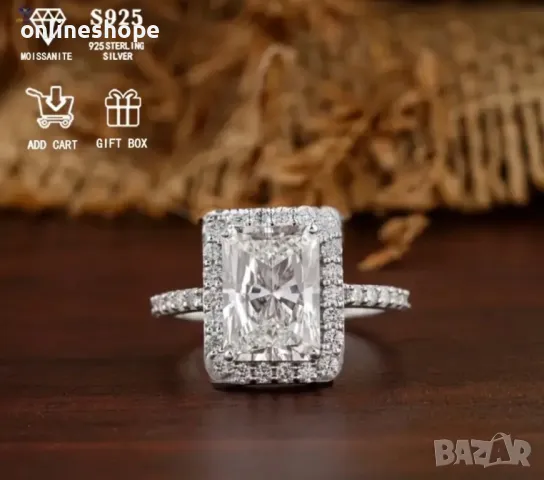 Сребро S925 Сребърен пръстен с камък Мойсанит 2ct ( 2 карата ) Диамант с Сертификат, снимка 2 - Пръстени - 49256665