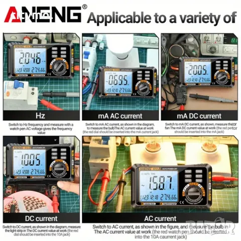 Цифров мултицет ANENG 612, AC/DC, ток, честота, съпротивление. С термохигрометър, календар, аларма, снимка 11 - Други инструменти - 48507265