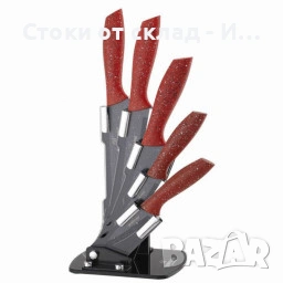 Ножове Комплект Bohmann, 5броя, Мраморно покритие, Акрилна поставка, Червена дръжка 