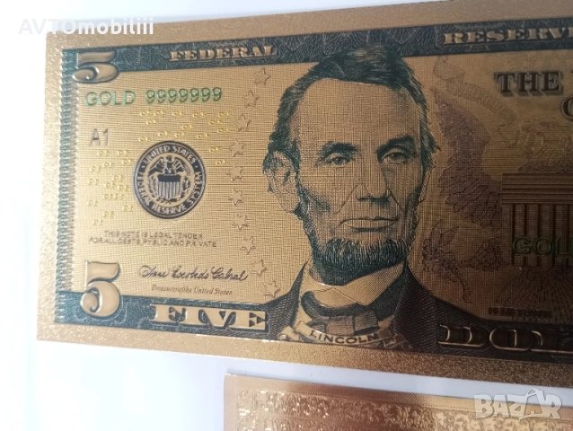 Позлатена с 24 карата злато релефна банкнота 5 долара със сертификат, снимка 2 - Нумизматика и бонистика - 51376047