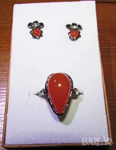 925 сребърен пръстен с натурален карнелиан и обеци, подходящи за подарък , снимка 1