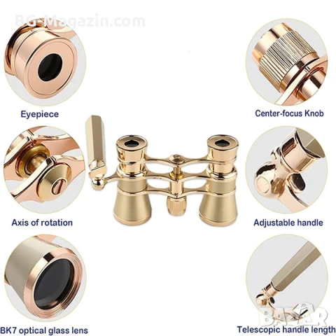 Златист театрален бинокъл с дръжка 3×25 за театър опера концерти подарък мощен 3X увеличение, снимка 5 - Други ценни предмети - 50931365