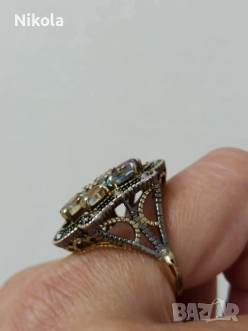 Антикварен дамски златен пръстен със сребро - диамантчета, цитрин, аквамарин, аметист-9карта., снимка 6 - Антикварни и старинни предмети - 52011520