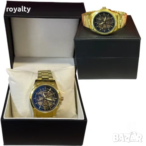 Луксозен автоматичен мъжки часовник LEIYI със златист корпус и син скелетон циферблат