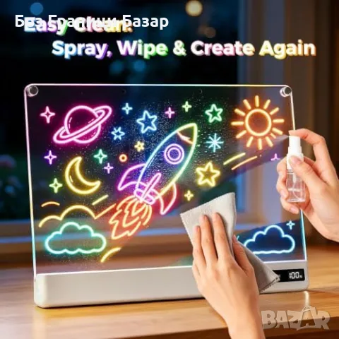 Нова Светеща LED Дъска за Деца 16" Рисуване Писане 14 Маркера 2000mAh Идеален подарък, снимка 7 - Образователни игри - 55959420