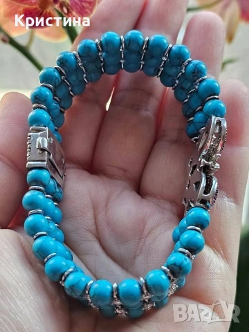 Уникална сребърна гривна с Тюркоази и Рубини, снимка 6 - Гривни - 54058793
