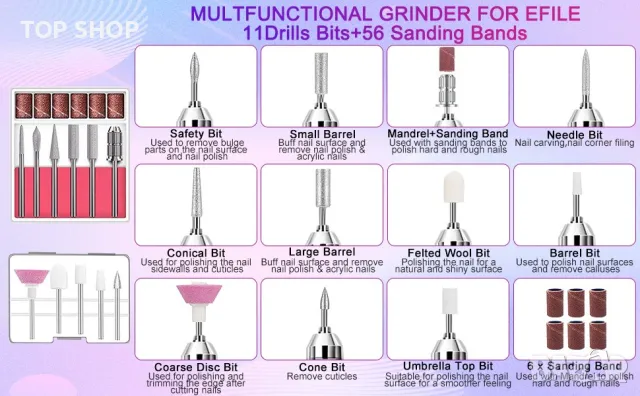 Професионална пила за маникюр- педикюр NAILGIRLS T17- 35000RPM, снимка 9 - Педикюр и маникюр - 49426068