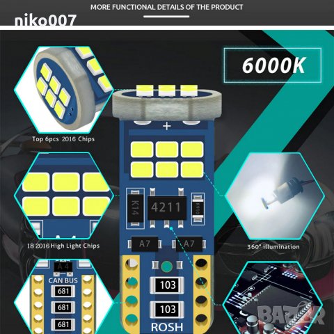 супер мощни W5W T10 led крушка-габарит-интериор-дневни светлини , снимка 2 - Аксесоари и консумативи - 31803581