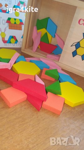 Цветен дървен пъзел мозайка 60 части с цветни блокчета конструктор стрител, снимка 5 - Образователни игри - 36583255