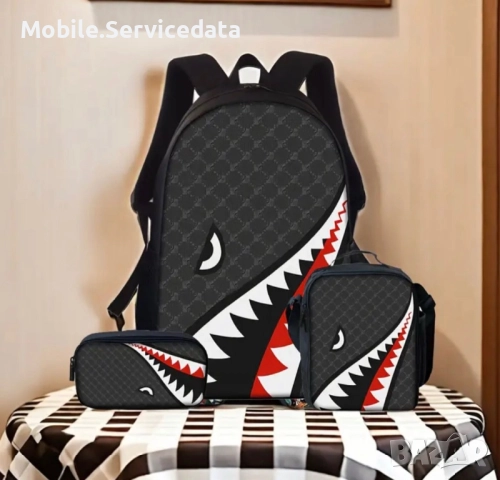 Ученически комплект 3в1 – раница, чантичка и несесер с акулски дизайн