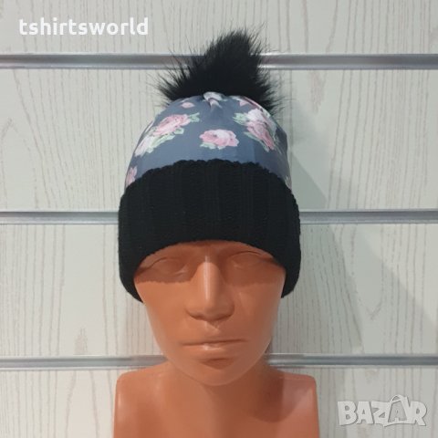 Нова зимна дамска шапка с Рози и пух/помпон, снимка 3 - Шапки - 35502819