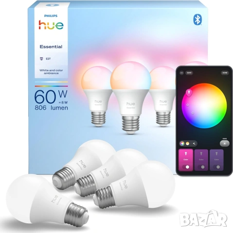 Комплект Philips Hue Essential A19 умни крушки  с Bridge или без, снимка 2 - Крушки - 53941114