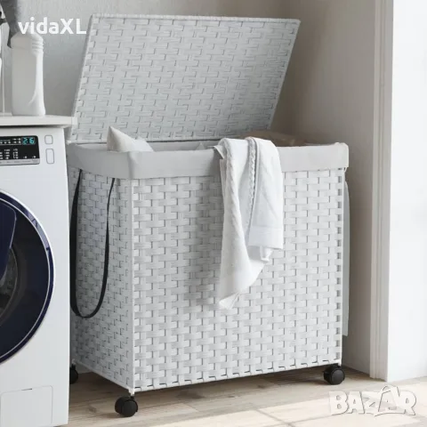 vidaXL Кош за пране с колела, бял, 60x35x60,5 см, ратан, снимка 2 - Сушилници - 56147446