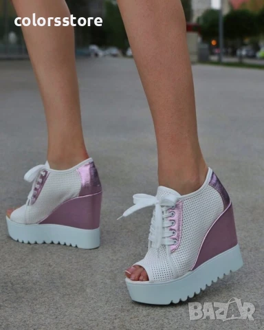 Летни боти на платформа - бяло с розово лъскава кожа - K222 
