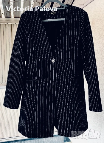 Модерно удължено сако без ревер KUSI COLLECTION с фини блестящи райета, снимка 4 - Сака - 53194455