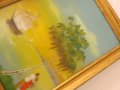 красива картина пейзаж рисувана от вътрешната страна на стъклото със дървена винтидж рамка , снимка 2