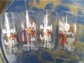 Четири стъклени френски чаши с изобразени сцени от френски градове през средновековието