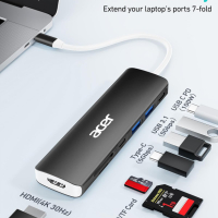 Acer USB C Hub, 7 в 1 USB C към 4K HDMI, 2 USB 3.1, Type-C, PD 100W, четец на SD карти, снимка 2 - Кабели и адаптери - 44518431