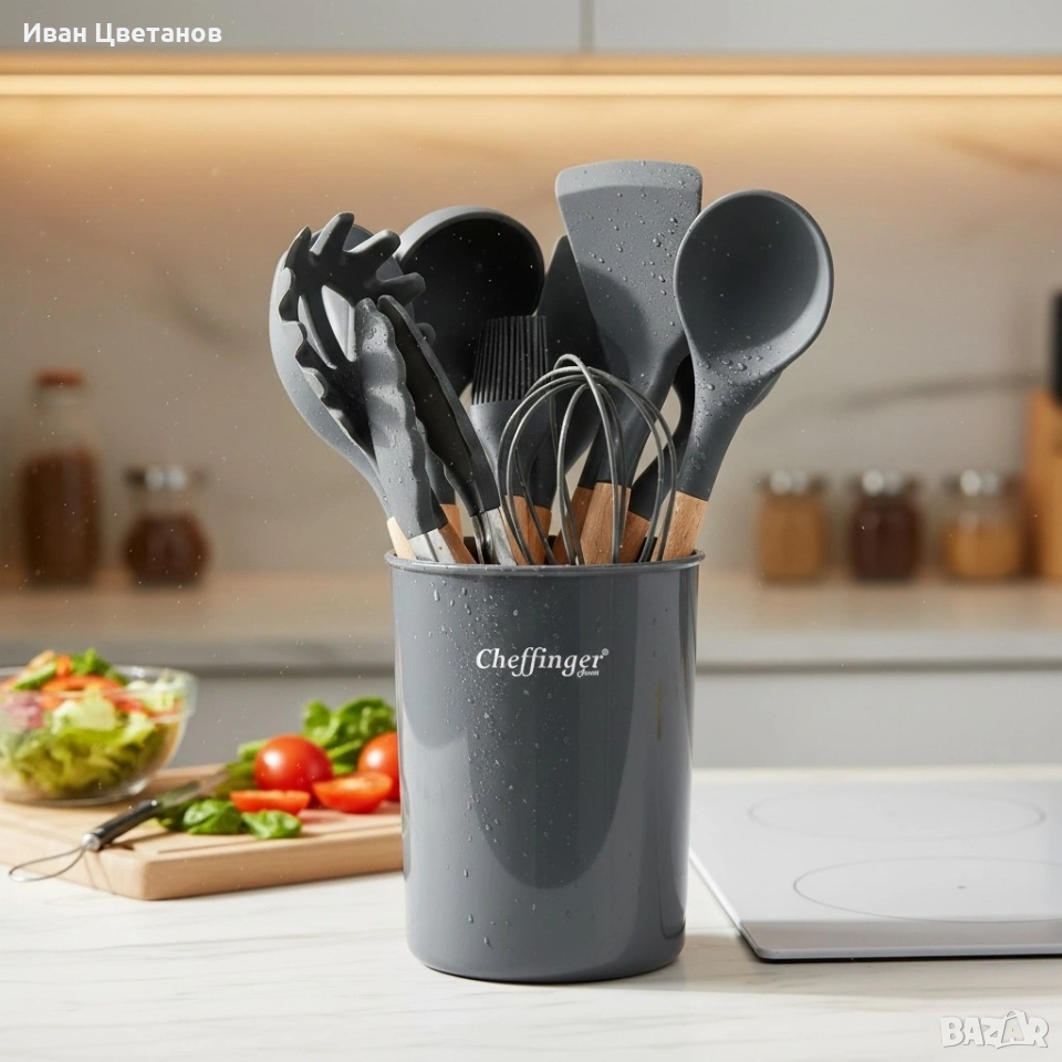 Комплект 12 части кухненски прибори със стойка Cheffinger – силиконови накрайници, дървени дръжки, снимка 1