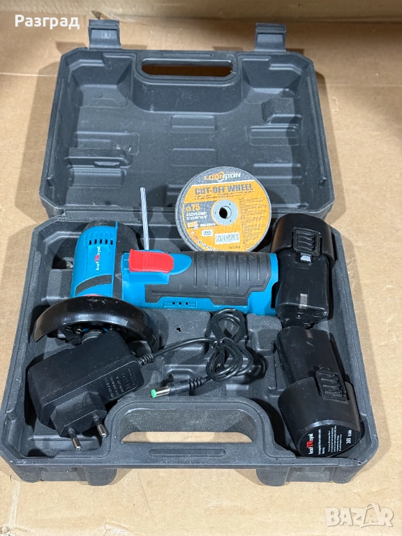 Мини акумулаторен ъглошлайф KraftRoyal 24V 6Ah, безчетков мотор, 2 батерии, зарядно, 5 диска, 18 500, снимка 1