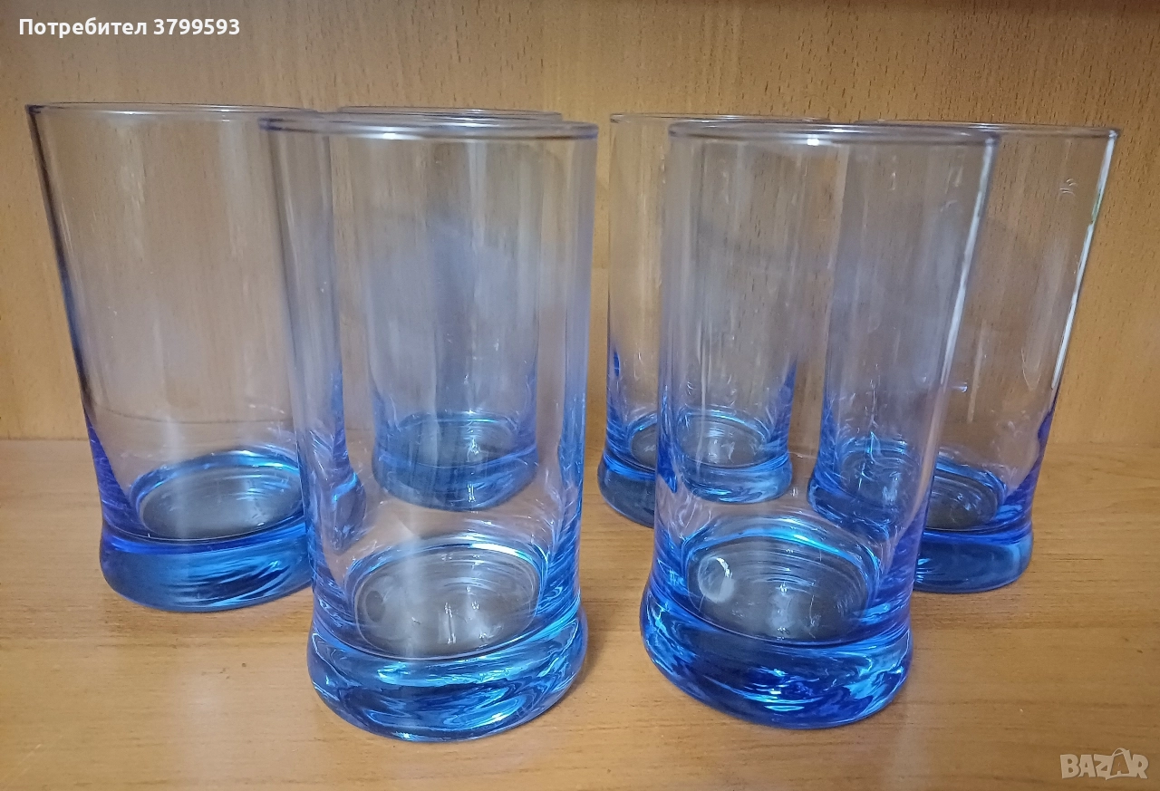 6 големи водни чаши синьо стъкло, снимка 1